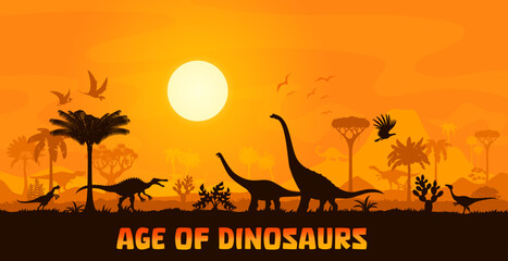 Dinosaurs silhouettes in sunset landscape of Jurassic forest, vector background. Prehistoric giant lizards, dino pterodactyls and reptiles silhouettes in valley with sunset for paleontology museum © Vector Tradition
