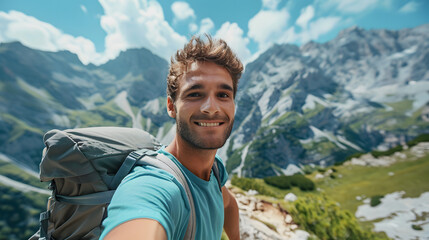 Handsome young man with backpack taking selfie outdoors - Happy hiker standing in front of mountains - Travel blogger enjoying nature view on summer trip