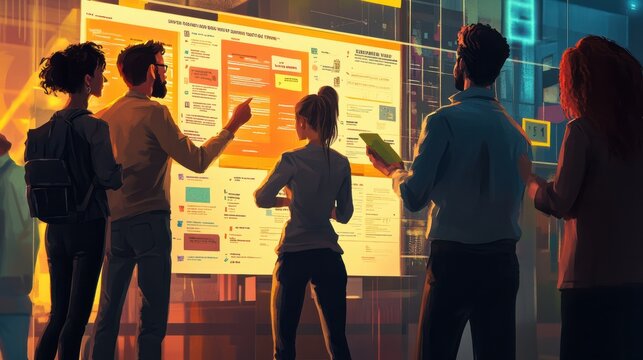 Ilustraci&Atilde;&sup3;n de personas mirando un tablero de actividades, y tareas pendientes, equipos Agiles, resoluci&Atilde;&sup3;n de objetivos prioritarios, programaci&Atilde;&sup3;n y toma de desiciones