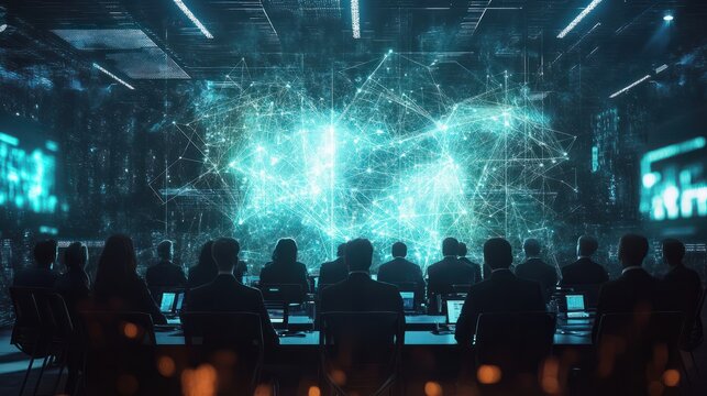 image illustrating the concept of decentralized autonomous organizations (DAOs), with stakeholders voting on governance decisions.