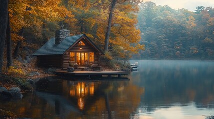 Fototapeta premium Tranquil lakeside cabin surrounded by autumn foliage.