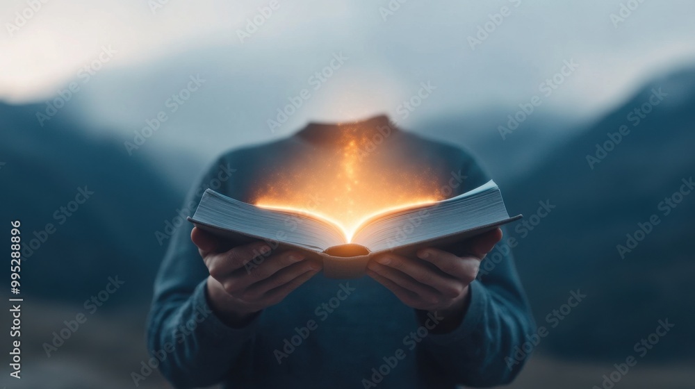 Poster magical knowledge: surreal open book with glowing light on mountains background - concept for creati