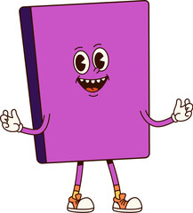 Cartoon book groovy character with purple cover and retro sneakers. Isolated vector happy textbook personage for kids education, library, back to school or story telling. Cute smiling funny notebook