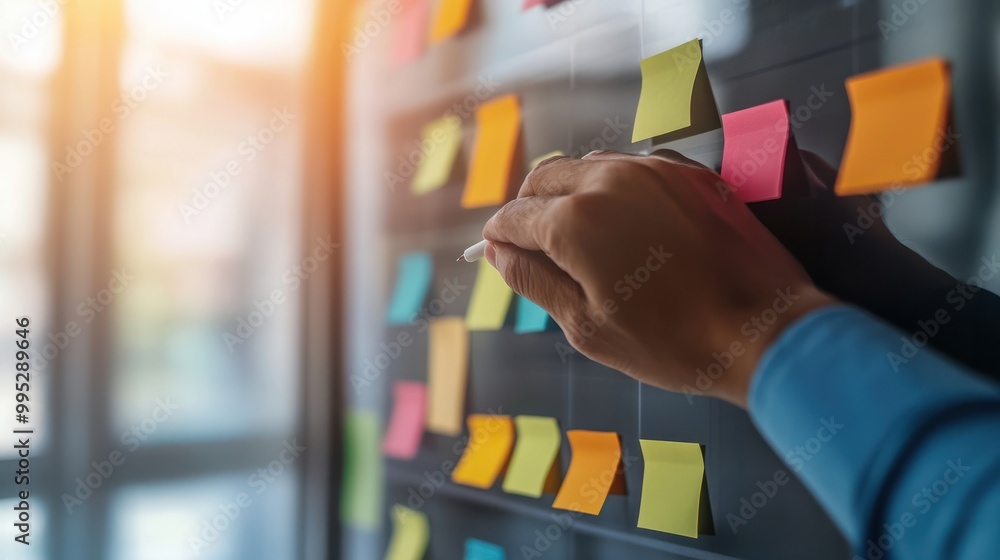Poster navigating agile software development: a hand adjusting a sticky note on a kanban board. concept agi