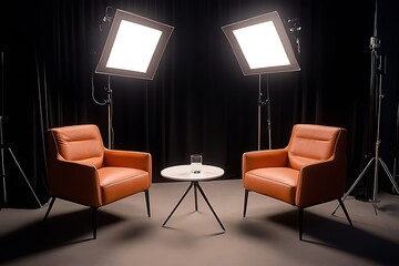 Two classic orange chairs and a table next to each other with professional lightning of the room ready for a TV show talk or interview