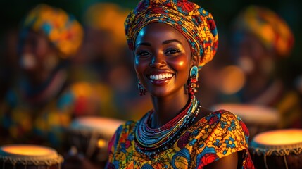 Fototapeta premium Smiling woman in colorful attire surrounded by drummers.