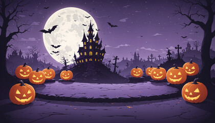 Fototapeta premium A Halloween themed image with a castle and bats.