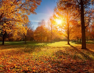 Breathtaking autumnal park with a carpet of golden leaves and warm sunlight