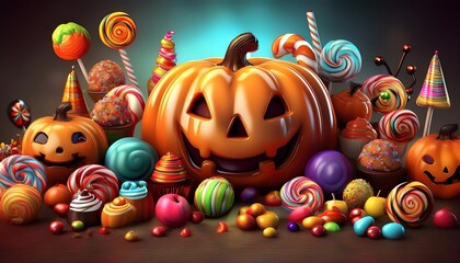 A vibrant Halloween scene with a carved pumpkin, colorful candies, and festive decorations, creating a cheerful autumn atmosphere.