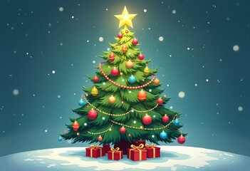 Festive cartoon christmas tree adorned with colorful ornaments and a glittering star, radiates holiday joy with red and green accents