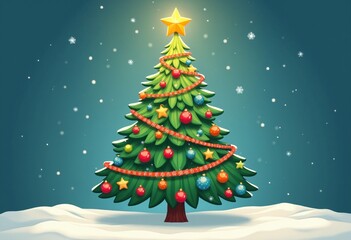 Fototapeta premium Festive cartoon christmas tree adorned with colorful ornaments and a glittering star, radiates holiday joy with red and green accents