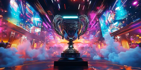 Reflective winner trophy prize illustration with smoky screen on background, pink and blue light shine on the smoke