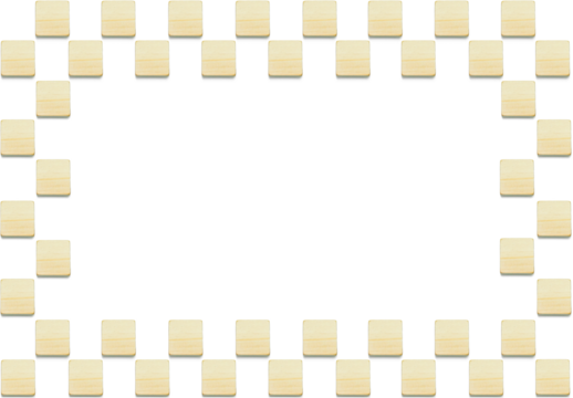 ひのきのウッドキューブを並べたチェック柄の四角いフレーム