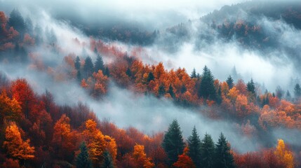 Fototapeta premium Autumn fog in the Balkan Mountains forest, Bulgaria, with golden and red leaves creating a dreamy, misty landscape