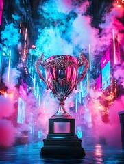 Reflective winner trophy prize illustration with smoky screen on background, pink and blue light shine on the smoke
