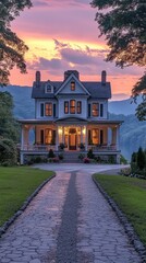 Obraz premium Gravel driveway leading to classic white southern style home at sunset