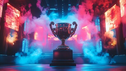 Reflective winner trophy prize illustration with smoky screen on background, pink and blue light shine on the smoke