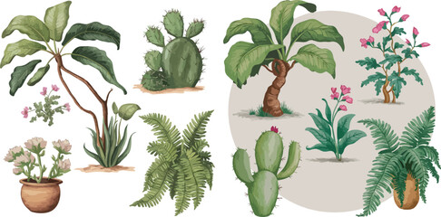 Circular Plant Pattern with Leafy Plant, Pink Flowers, Cactus, and Fern
