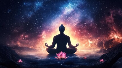 Brahma in a cosmic ocean, creating the world with divine energy, lotus flowers blooming around him