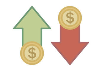 Flecha verde y roja de aumento y disminución del valor del dólar americano