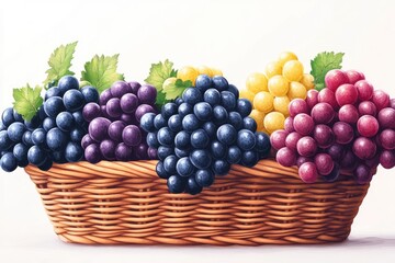 Wicker basket overflowing with freshly picked red green and blue grapes