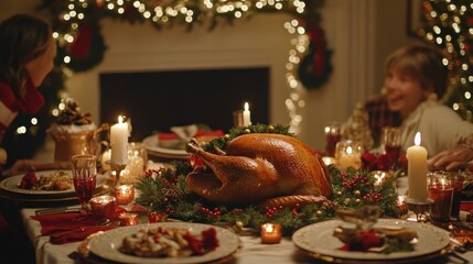Fototapeta premium A festive Christmas dinner table set with a roasted turkey, candles, wreaths, and holiday decorations, with family members laughing and celebrating around the table. 