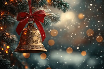 Christmas bell hanging from snowy fir tree branch with red ribbon