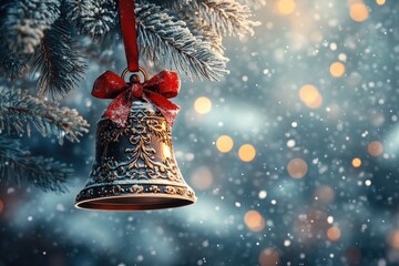 Christmas bell hanging from snowy fir tree branch with red ribbon