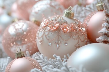 Pink christmas ornaments with glitter sparkling on snow