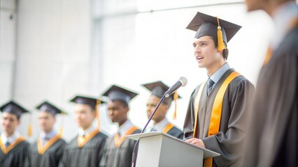Valedictorian young student man giving graduation speech to other graduated people from the year group while wearing traditional college regalia and gown