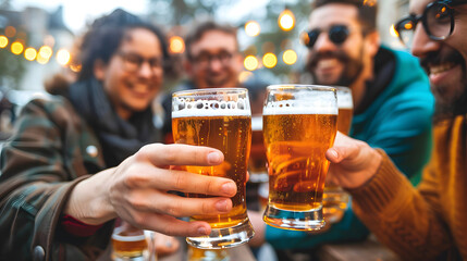 Happy friends celebrating drinking beer pint at park outdoor - Young people talking and laughing together at brewery pub garden - Friendship, youth and beverage concept