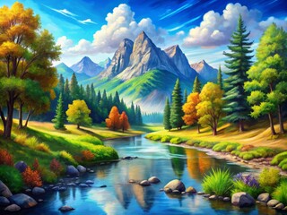 Serene Nature Landscape Drawing Featuring Mountains, Trees, and a Tranquil River Under Blue Sky