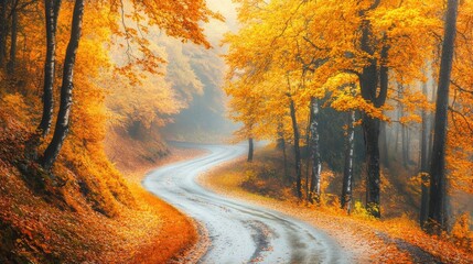 Autumn in Eastern Europe: a magical forest with colorful yellow and orange foliage, tree trunks, and a winding road through the vibrant landscape