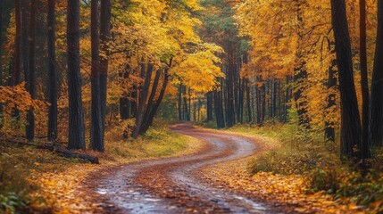 Obraz premium Autumn in Eastern Europe: a magical forest with colorful yellow and orange foliage, tree trunks, and a winding road through the vibrant landscape