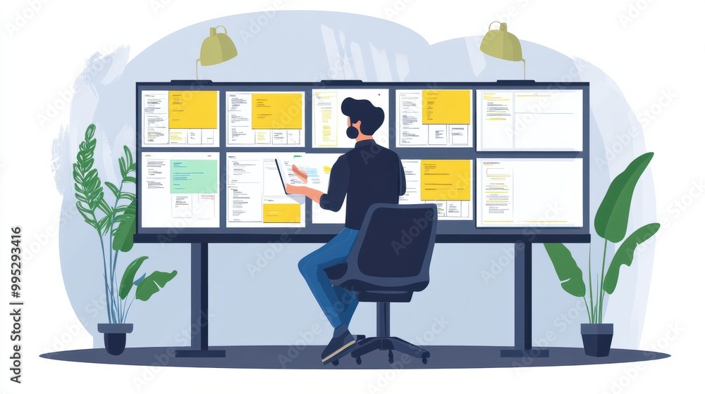 Poster software developer or scrum master is updating kanban board
