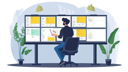 Fototapeta premium software developer or scrum master is updating kanban board