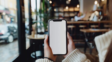 Woman holding smartphone with blank white screen mockup while working at a coffee shop, perfect for social media marketing and business presentations.