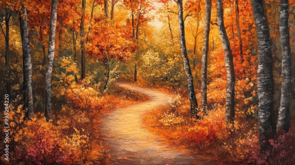 Poster autumn path in a serene forest, surrounded by fiery fall colors that transform the walk into an ench