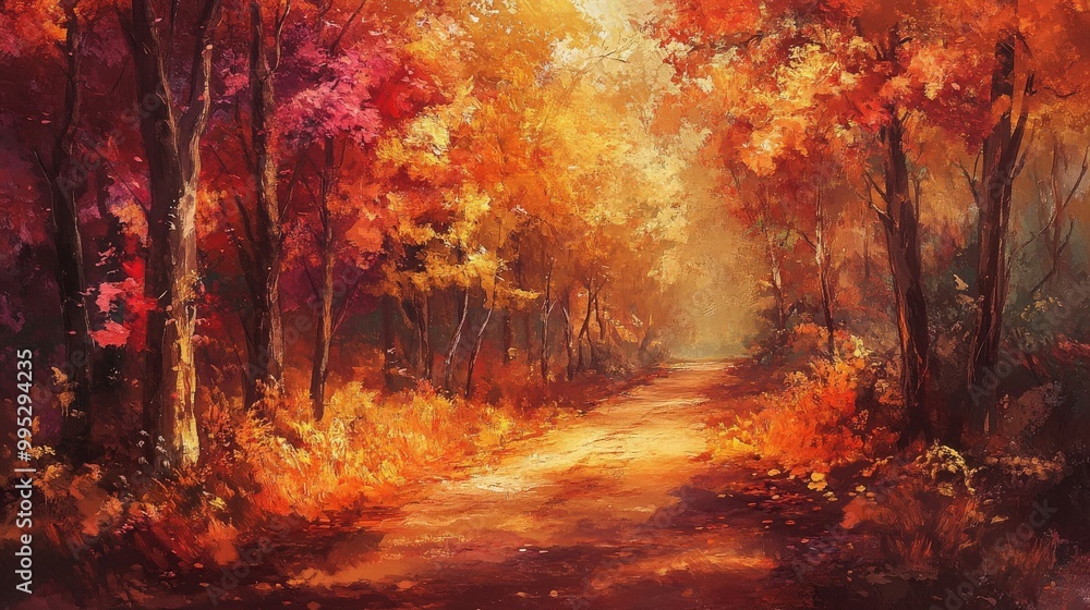 Poster autumn path in a serene forest, surrounded by fiery fall colors that transform the walk into an ench