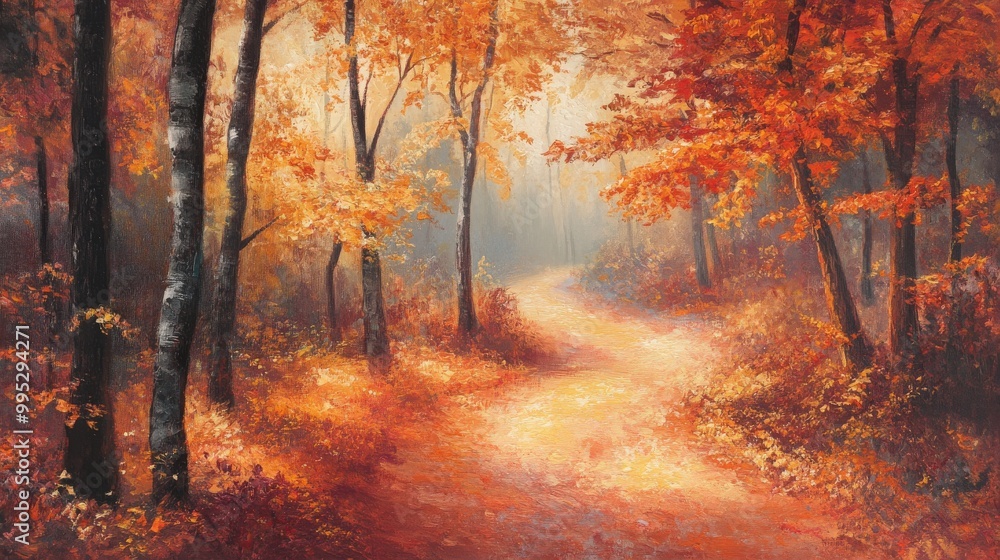 Poster autumn path in a serene forest, surrounded by fiery fall colors that transform the walk into an ench