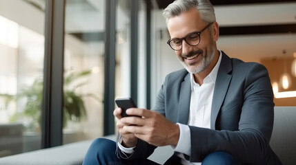 A middle-aged man in business attire sits on the sofa, smiling and using his smartphone to check real-time stock market data. 