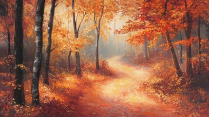 Obraz premium Autumn path in a serene forest, surrounded by fiery fall colors that transform the walk into an enchanting and peaceful journey