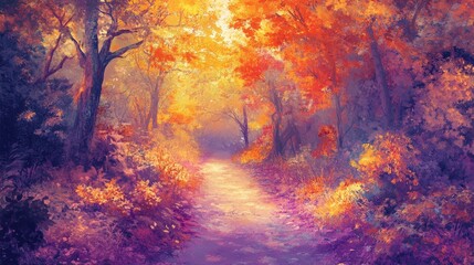 Autumn path in a tranquil forest, surrounded by vibrant, fiery fall colors that create a magical and peaceful walking journey