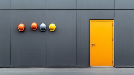 Colorful Helmets and Bright Door Against Gray Wall