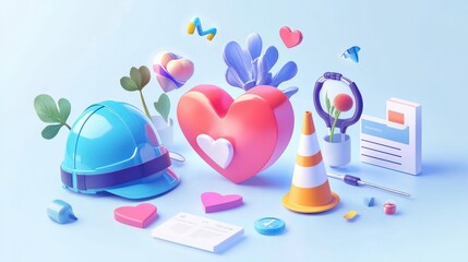 This is an isometric landing page for healthcare safety and environmental protection. It includes a helmet, heart, cone, and sprout, as well as health and safety information. 3D modern web banner