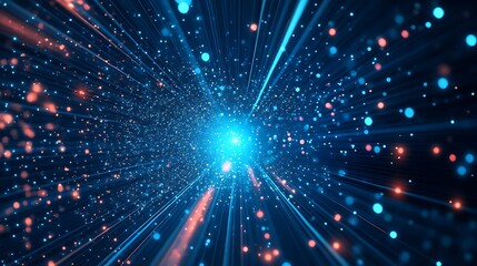 Abstract blue and red glowing light streaks and particles moving towards a bright white light in the center of the image.