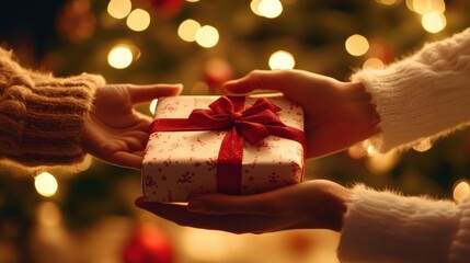 A close-up of hands exchanging a wrapped Christmas gift in festive paper with a red bow, with a glowing Christmas tree softly lit in the background