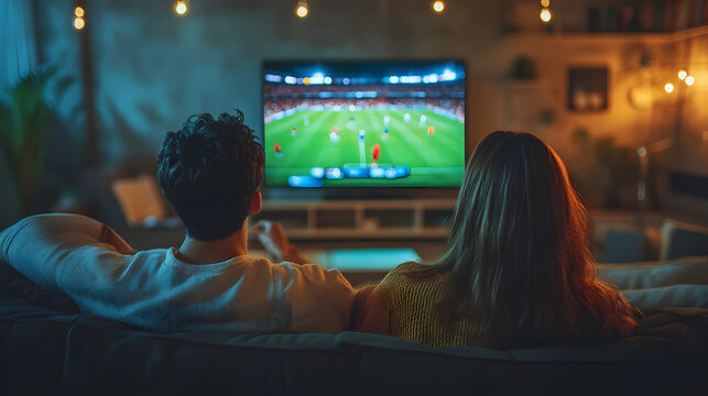 Happy friends watching soccer world cup on television at home