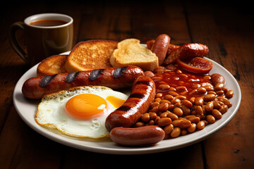 English Breakfast with sausages, grilled tomatoes, egg, bacon, beans and bread on plate