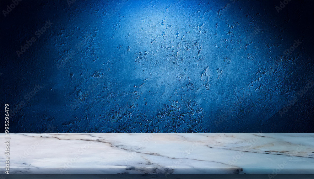Aufkleber empty marble table at foreground and cement stone at background with blue light from above for produ
